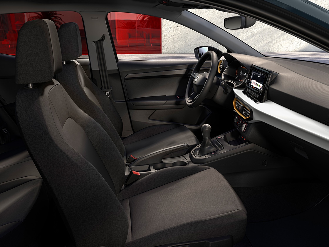 Seat ibiza interior details including the cloth comfort seats for reference in acero tone. 