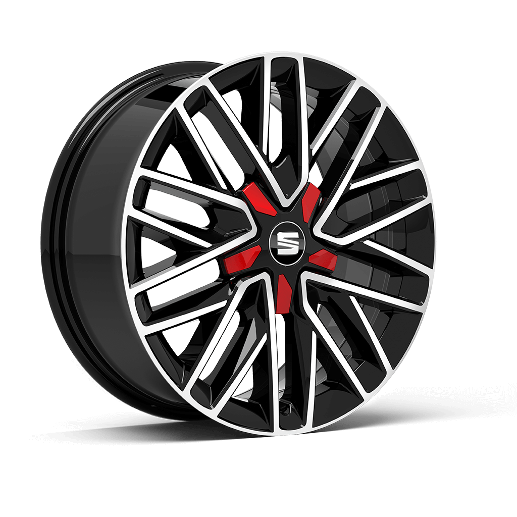 > Diamond Cut 17 inch in Piano Black alloy wheel with centre insert in Desire Red