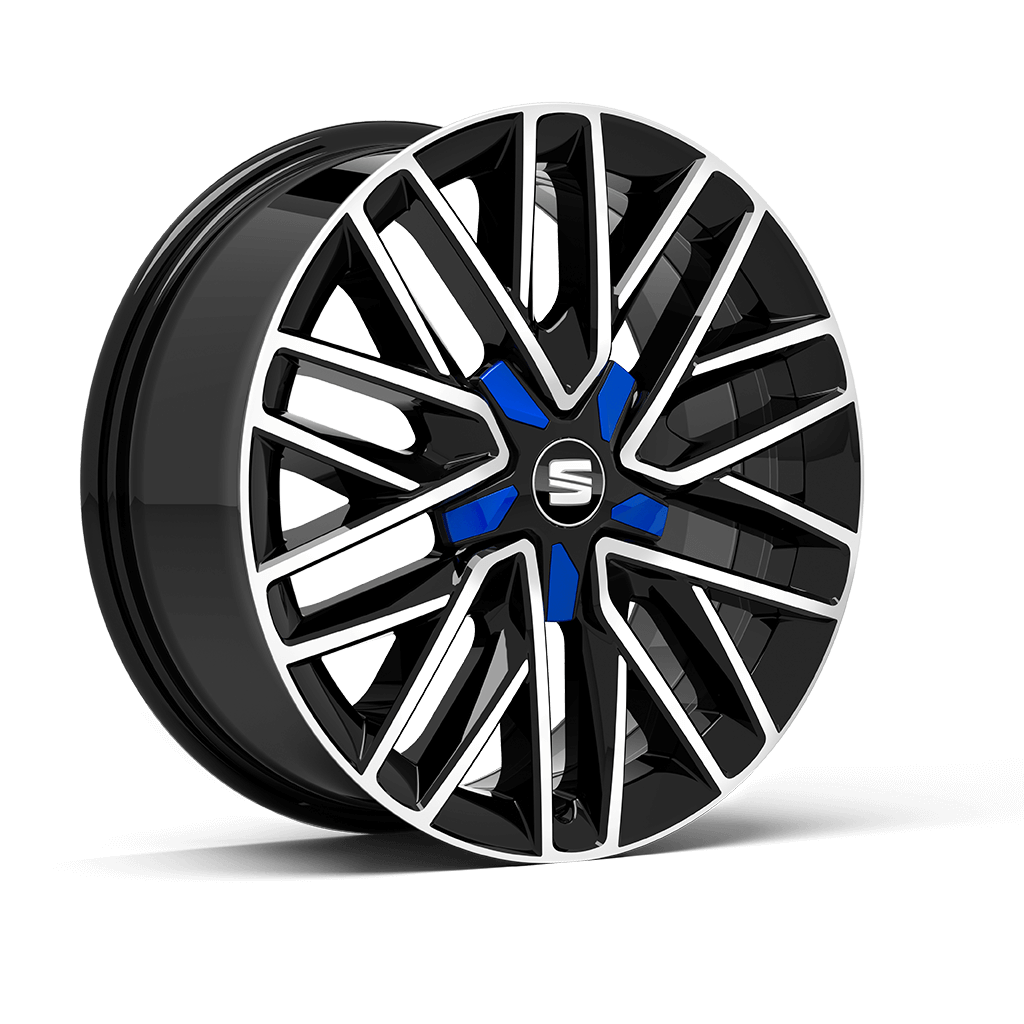 Diamond Cut 17 inch in Piano Black alloy wheel with centre insert in Mystery Blue